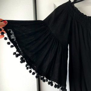 Black Romper with Pom-Pom Sleeves